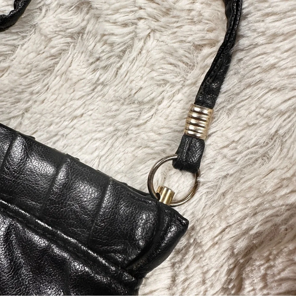 Vintage Chic Black Leather Clutch with strap, Metal inside makes diamond opening